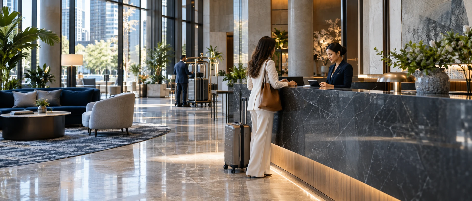 Illustrative scene of travelers checking in with a host in a contemporary urban hotel lobby.